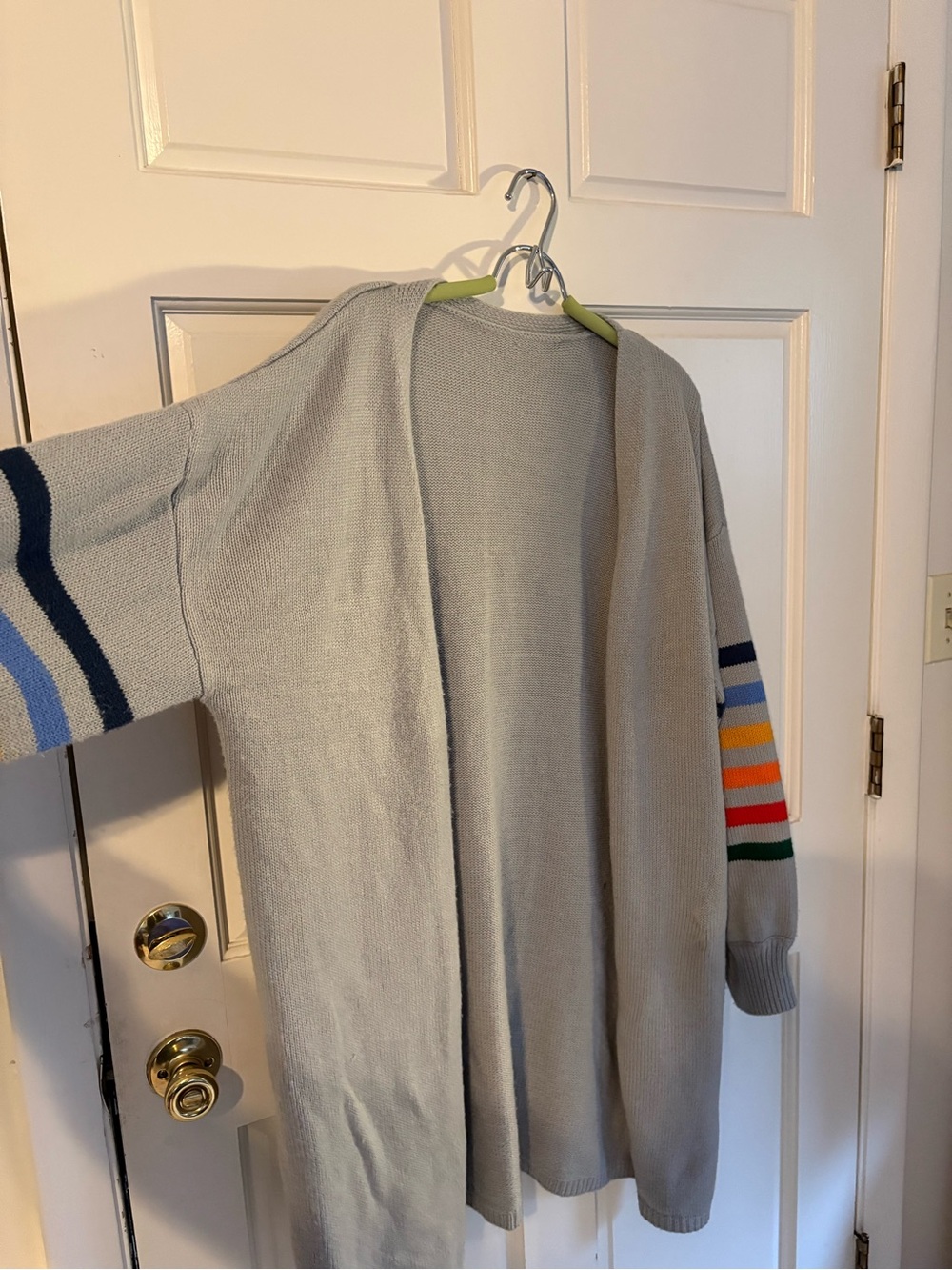Light Gray Women's Open Cardigan with Rainbow Sleeve Stripes - Picture 4 of 6